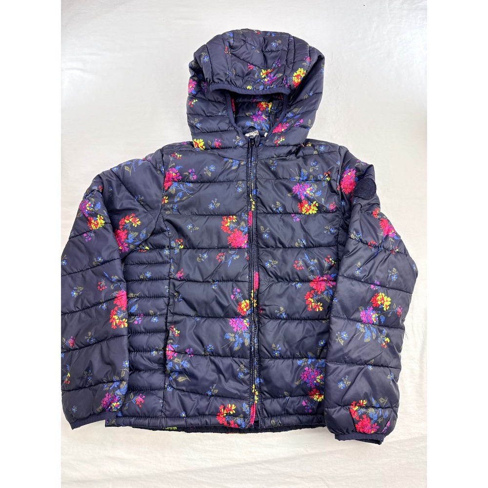 Gap Kids Girls Navy Blue Floral Puffer Jacket Hooded Quilted Coat Size M 8-9